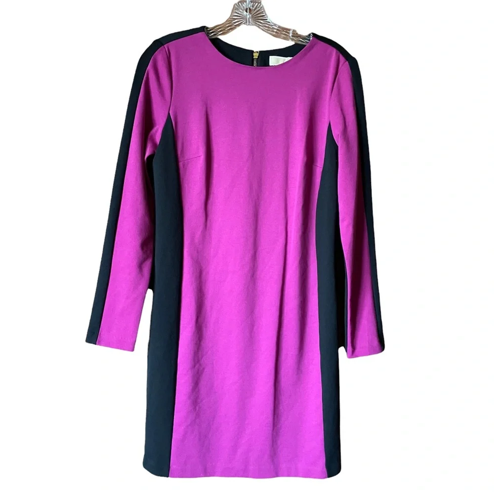 Michael Kors Long Sleeve Black and Magenta Color Block Dress Size 6 - Picture 1 of 5